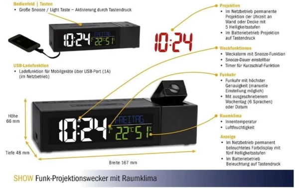 TFA Dostmann Spectacle De Réveil Par Radio-projection Avec Le Climat Intérieur, Noir – Horloge Murale design à la mode 4