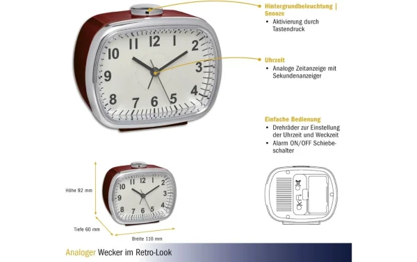 TFA Dostmann Réveil Analogique Rétro, Rouge – Réveils site pas cher 3