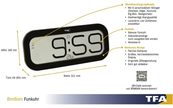 Retour gratuit en magasin. TFA Dostmann Horloge Murale Radio Bimbam Numérique Noir – Horloge Murale 3