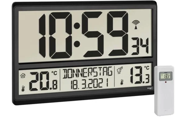 TFA Dostmann Horloge Murale Radio XL Avec Température Extérieure Et Intérieure Noir – Horloge Murale Livraison Standard/Rapide 1